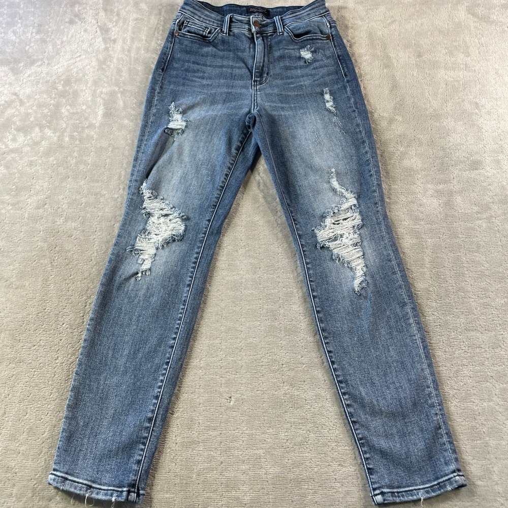 Judy Blue Jeans Boyfriend Fit Womens  3/26 Distressed Medium Wash Whiskers Mom